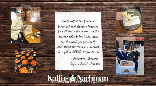 Photos of Kalfus & Nachman bringing food to the  Sentara Virginia Beach General Hospital and a thank you letter from the President of the Hospital.